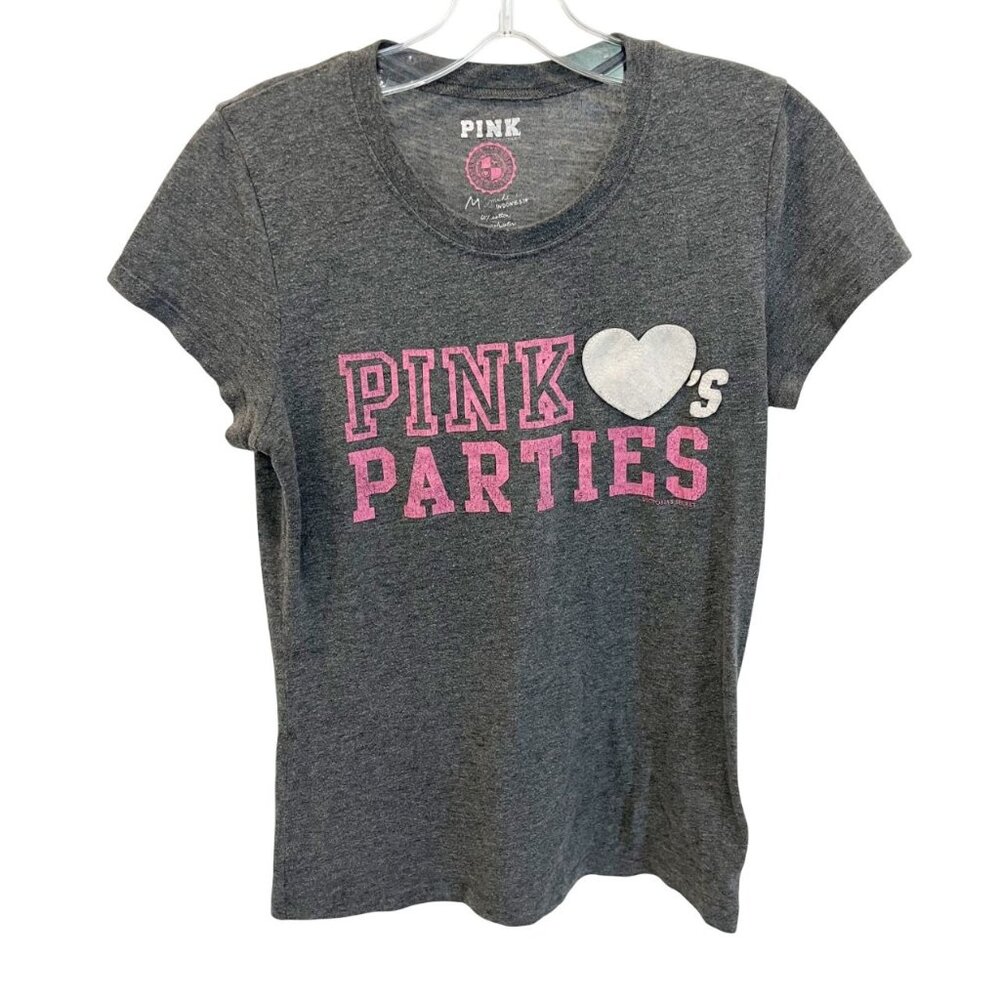 Vintage Victoria's Secret PINK Hearts Parties Graphic Tee Y2K Preppy - MEDIUM